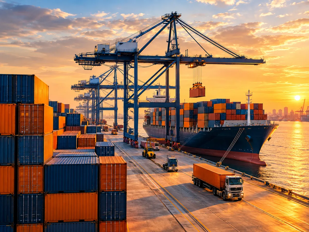 Contenedores de exportación cargados en un buque al atardecer
